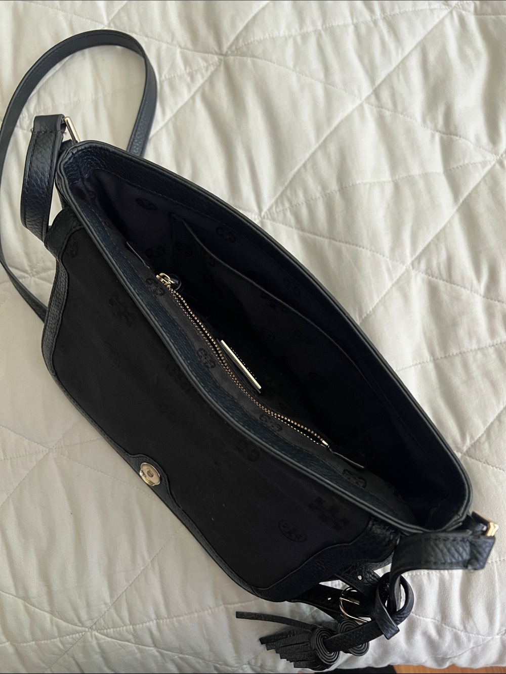 Tory Burch Thea Flap Crossbody Bag in Black with tassel - Picture 15 of 16